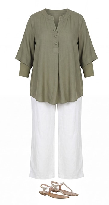 Kompletter Look — Khaki-Bluse und weiße Hose