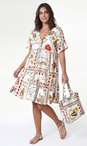 RACALO — Multicolour symbol printed dress with matching bag, sale — Jean Marc Philippe