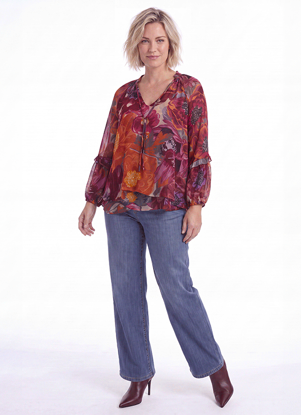 CRISLA — Floral print voile blouse with ruffled sleeves, New Collection — Jean Marc Philippe